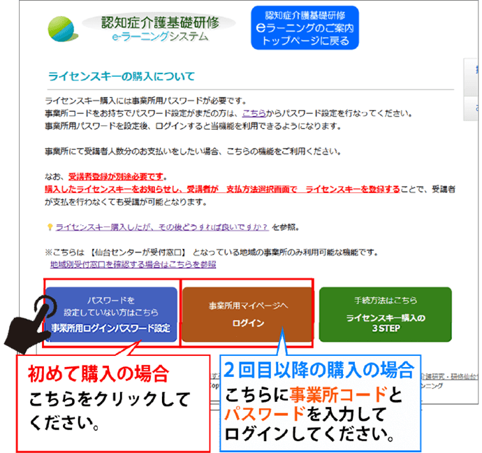 ログインパスワード画面。初めて購入の場合、2回目以降の購入の場合の2つのログインを示している。