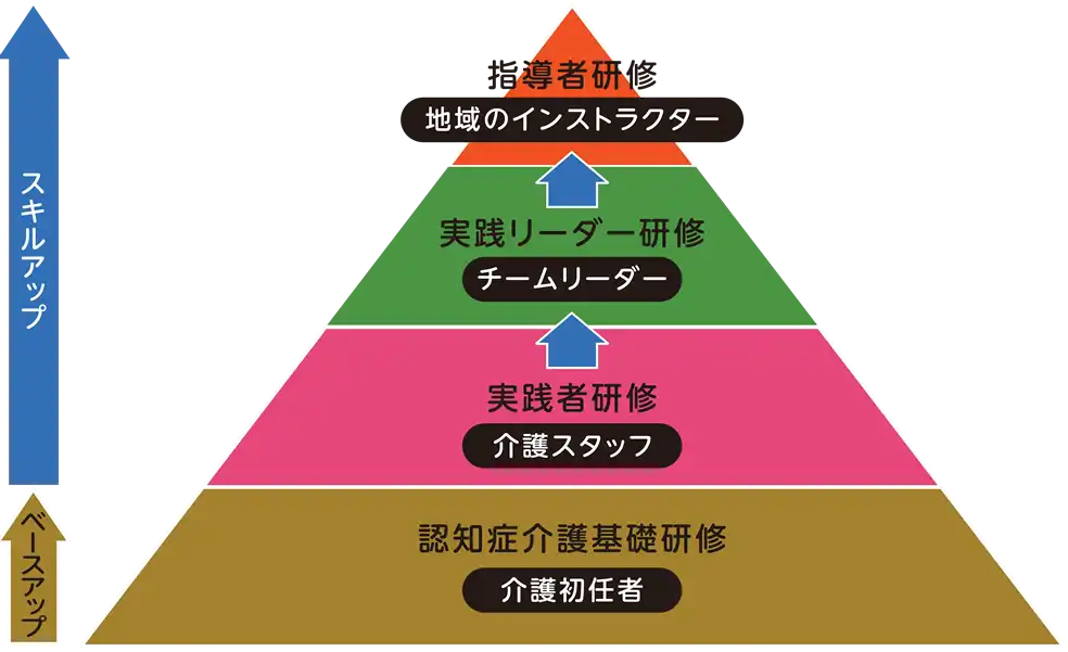 位置付けをピラミッド形式の図で表示している。下層部より、ベースアップ、認知症介護基礎研修、介護初任者。スキルアップ、実践者研修、介護スタッフ。実践リーダー研修、チームリーダー。指導者研修、地域のインストラクター。