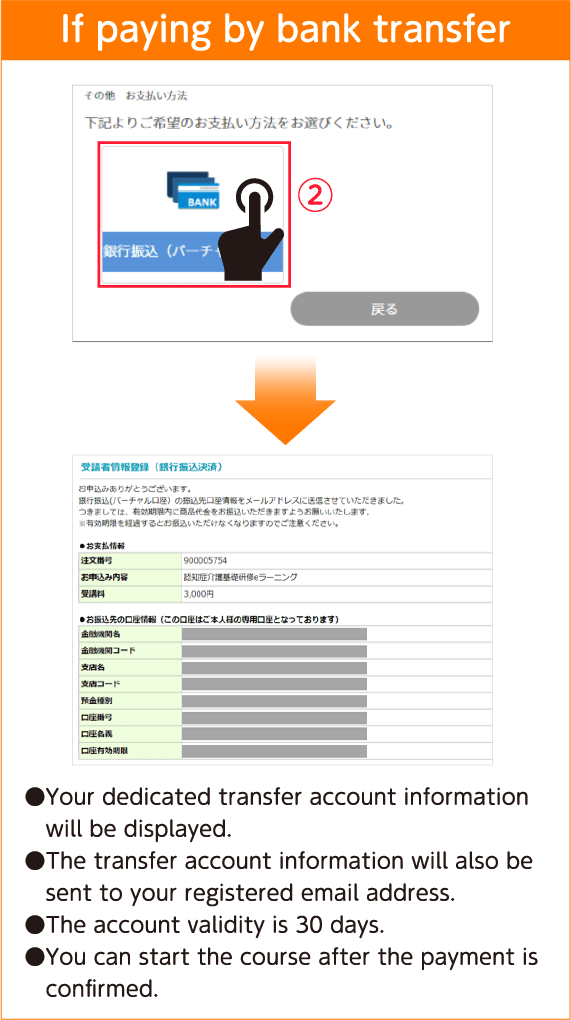 銀行振込を選択した場合の流れの矢印。銀行振込を選択した場合の画面の表示。口座情報が表示された一例を表示している。ご自身専用の振込先の情報が表示されます。振込先情報は、登録したメールアドレスにも送信されます。口座有効期限は30日です。入金確認後、受講開始になります。