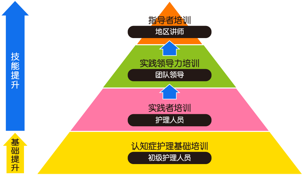 位置付けをピラミッド形式の図で表示している。下層部より、ベースアップ、認知症介護基礎研修、介護初任者。スキルアップ、実践者研修、介護スタッフ。実践リーダー研修、チームリーダー。指導者研修、地域のインストラクター。