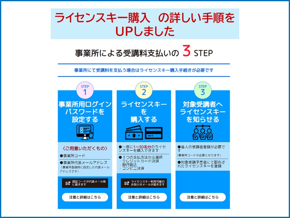 ライセンスキー購入の詳しい手順をUPしました(事業所による受講料支払いの3STEP、詳細は本文に記載)